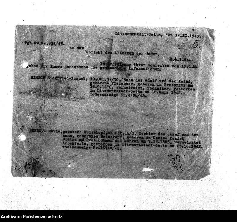 Obraz 8 z jednostki "[Korespondencja z Sądem w sprawach danych personalnych ludności getta (zmarłej)]"