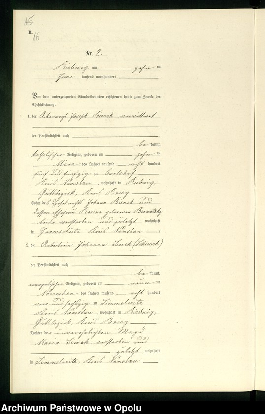 Obraz 19 z jednostki "Heiraths-Neben-Register Standes-Amt Riebnig 1900"