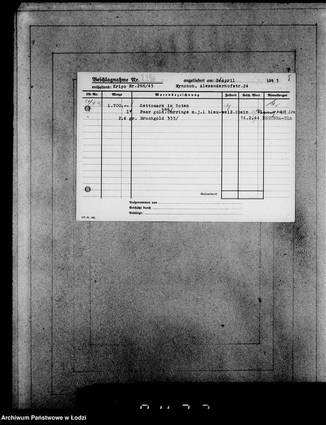 Obraz 9 z jednostki "Kripo 2201-2400 [Kartoteka skonfiskowanego majątku ruchomego u Żydów]"