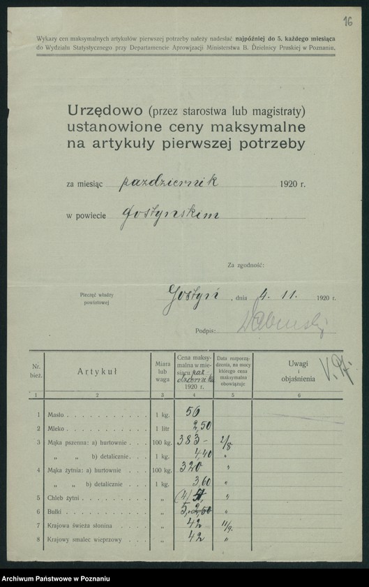 Obraz 18 z jednostki "[Wykazy urzędowo ustanowionych cen maksymalnych na artykuły pierwszej potrzeby na terenie Województwa Poznańskiego za miesiąc październik 1920 roku]"