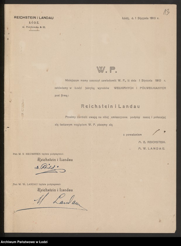 Obraz 15 z jednostki "Maks Reichstern, Maurycy Landan- fabrykacja i sprzedaż materiałów wełnianych i półwełnianych"