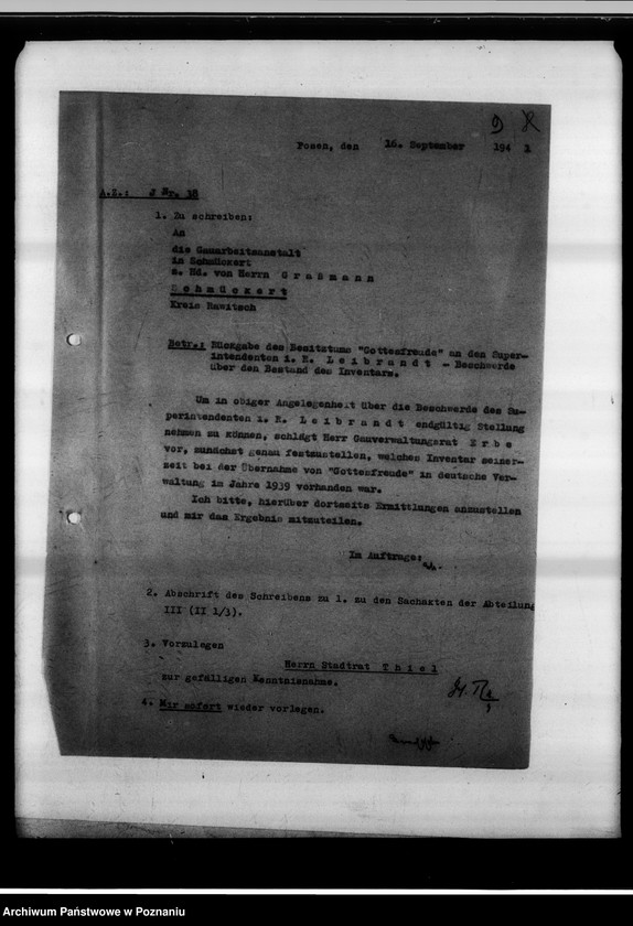 Obraz 13 z jednostki "Rückgabe des Besitztums "Gottesfreude" in Schmäkert an den Superintendenten i.R. Leibrandt in Breslau."