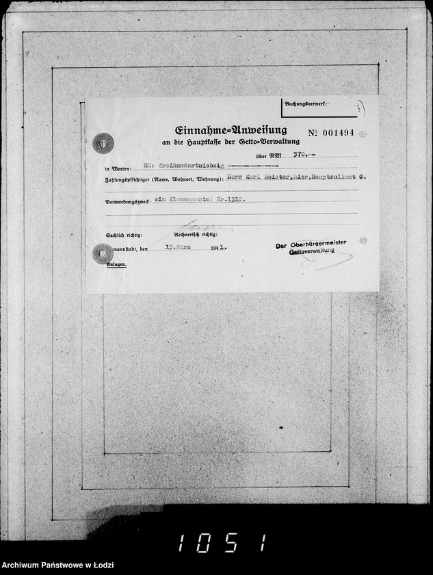 Obraz 10 z jednostki "Kasse u.Erledigte Anträge. Einnahmen von Pelzwaren"