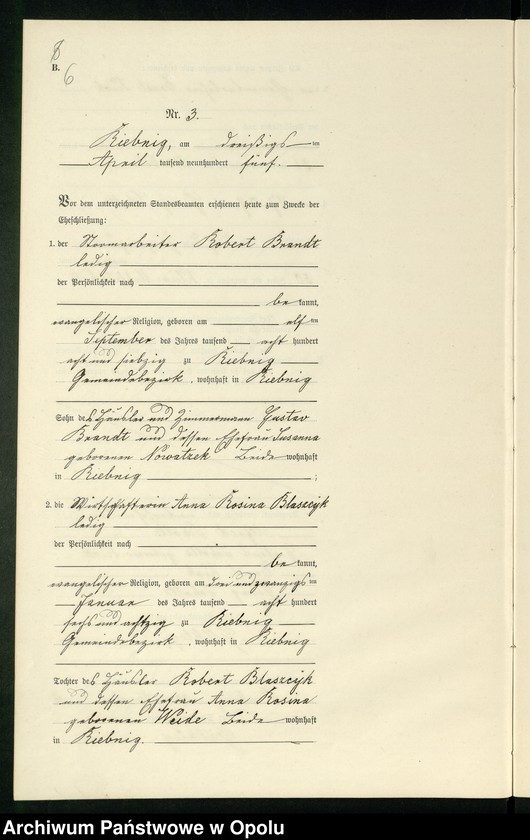 Obraz 9 z jednostki "Heiraths-Neben-Register Standes-Amt Riebnig 1905"