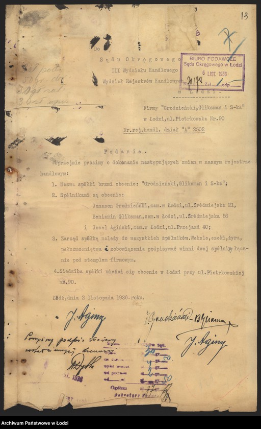 Obraz 15 z jednostki "Jonason Grodzieński i Benjamin Gliksman – fabrykacja i sprzedaż towarów włóknistych"