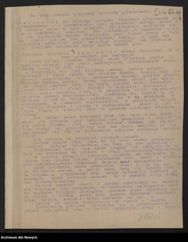 image.from.unit.number "Przemówienia I. J. Paderewskiego na posiedzeniu Sejmu i w Konwencie Seniorów, odpowiedź na interpelację (rękopis, stenogramy) dotyczącą sprawy granic Polski na Konferencji Pokojowej"