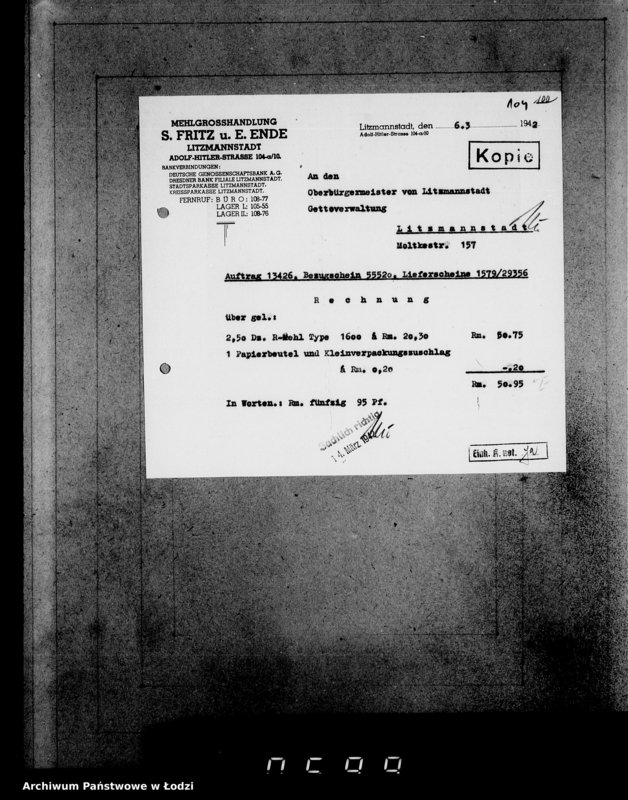 Obraz 18 z jednostki "Aufträge [Lieferscheinen und Rechnungen] 13416-13430 [Dostawa węgla i żywności do Getta]"