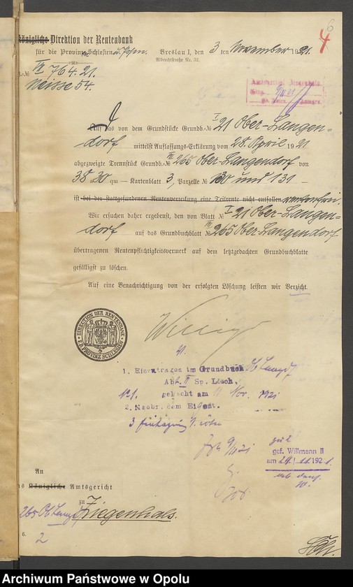 Obraz 8 z jednostki "Grundakten für Band VII Blatt 265 des Grundbuchs von Oberlangendorf Eigentümer Albert und Hedwig geboren Schope Rothersche Eheleute, Franke Gregor Hedwig Franke Rother geboren Schöpe, Kirchner August."