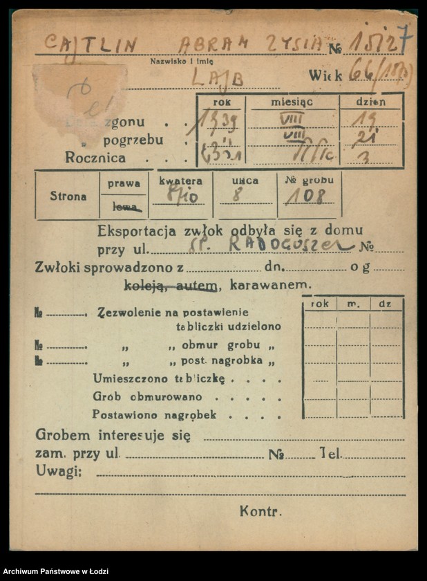 Obraz 8 z jednostki "Kartoteka osób pochowanych na cmentarzu żydowskim przy ulicy Brackiej w latach 1892-1954. Nazwiska na litery: Ca-Choros"