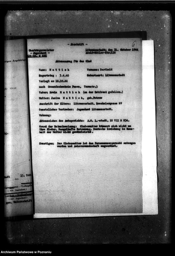 Obraz 10 z jednostki "[Akta personalne wychowanka Bertholda Mattich, ur. 3 IV 1940]."