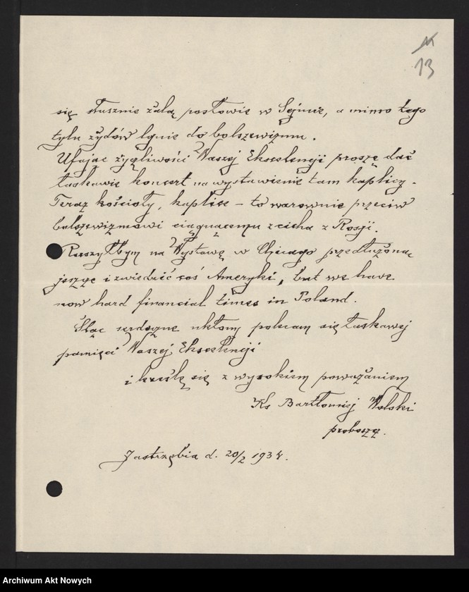 Obraz 17 z jednostki "Wolski Bartłomiej (ksiądz); Załączniki: a) "Memory for the generous nation of America..."; b) "Pamiątka dla ofiarnej Polonii Amerykańskiej..."; c) prospekt (3 egz.); L.13; brak s.29,36-37"