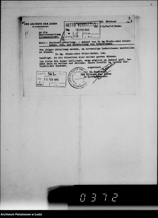 Obraz 11 z jednostki "[Korespondencja Przełożonego Starszeństwa Żydów w Getcie w sprawach przydziału maszyn i urządzeń oraz półfabrykatów do produkcji]"