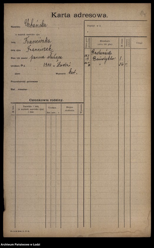 Obraz 16 z jednostki "[Spis ludności Łodzi] Urbańska - Użniak"