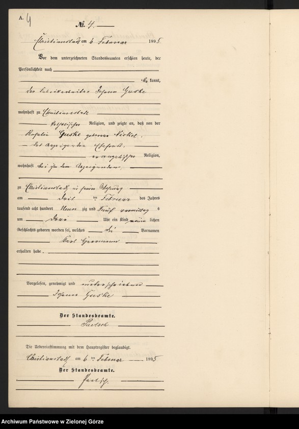 Obraz 7 z jednostki "Geburts-Neben-Register im Standes-Amt Christianstadt Kreis Sorau 1895"
