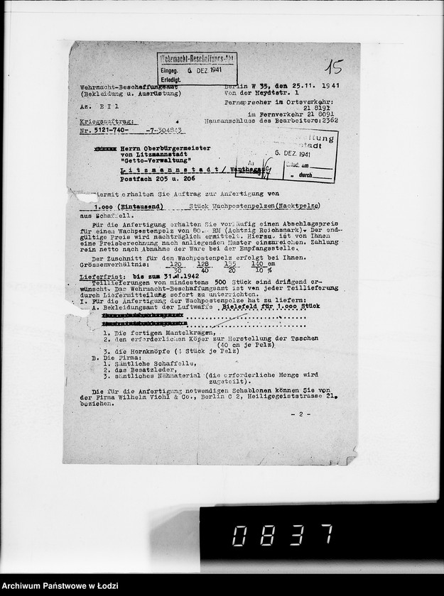 Obraz 19 z jednostki "5005 Kriegsauftrag 5121-304.843 1000 Stück Wachtpost Pelze HBA- Berlin"