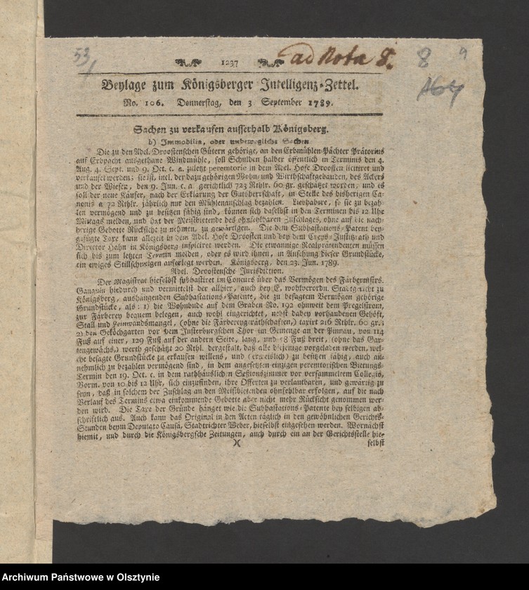 image.from.unit.number "Administrations Rechnung über des Stolterfothsche Legaten Capital und derer Intereßen deßen Einnahme und Ausgabe zu Pobethen von Michael 1788 bis dahin 1789"
