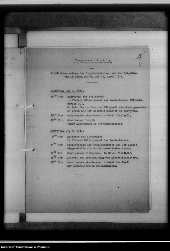 Obraz 12 z jednostki "Tagesordnung zur Arbeitsbesprechung der Sippenamtsleiter aus den Ortsgebieten in Posen [Poznań] [oraz korespondencja]"