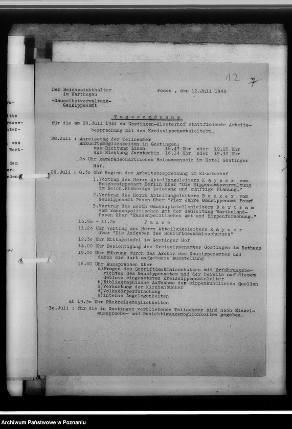 Obraz 16 z jednostki "Arbeitsbesprechung der Sippenamtsleiter in Gostingen [Gostyń, porządek obrad i sprawozdanie z zebrania kierowników powiatowych urzędów do spraw genealogicznych z terenu województwa poznańskiego]"