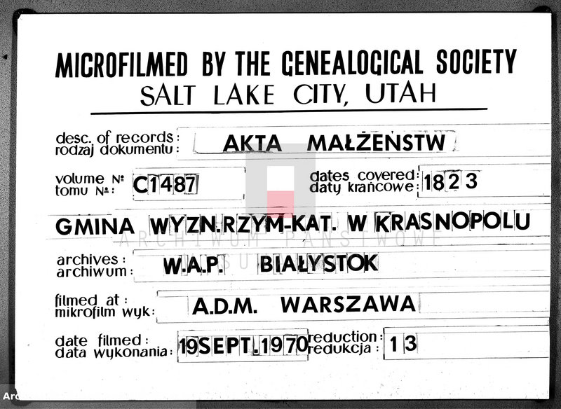 image.from.unit.number "Akta Zaślubionych Gminy Krasnopolskiey R-ku 1823. Powiat Seyneński. Województwo Augstowskie."