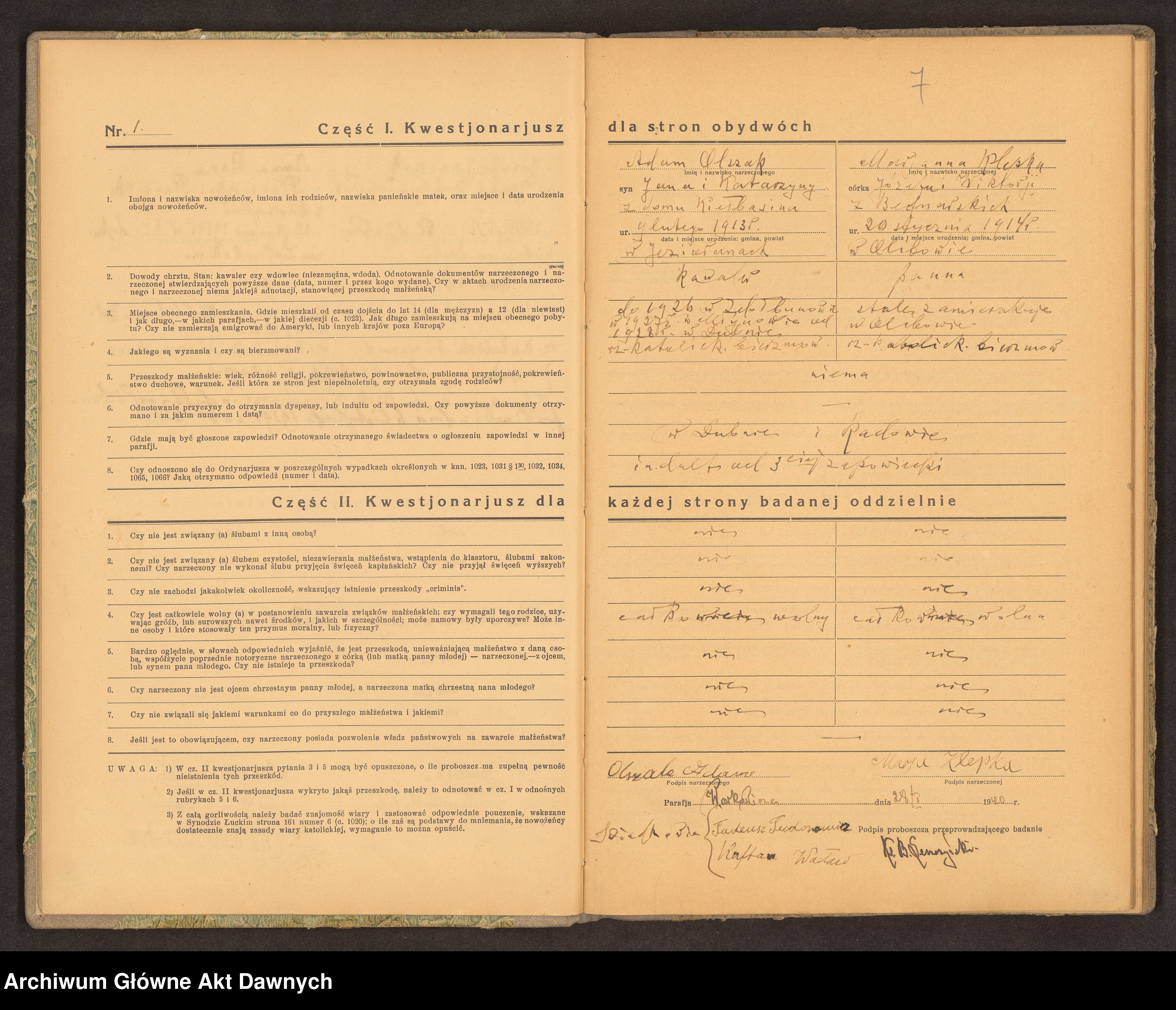 Skan z jednostki: Parafia: Warkowicze. Dekanat: Dubno. Księga egzaminów przedślubnych złożonych w parafii.