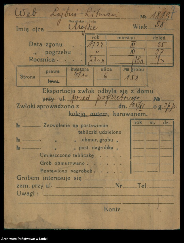 Obraz 8 z jednostki "Kartoteka osób pochowanych na cmentarzu żydowskim przy ulicy Brackiej w latach 1892-1957. Nazwiska na litery: Wd-Wis"