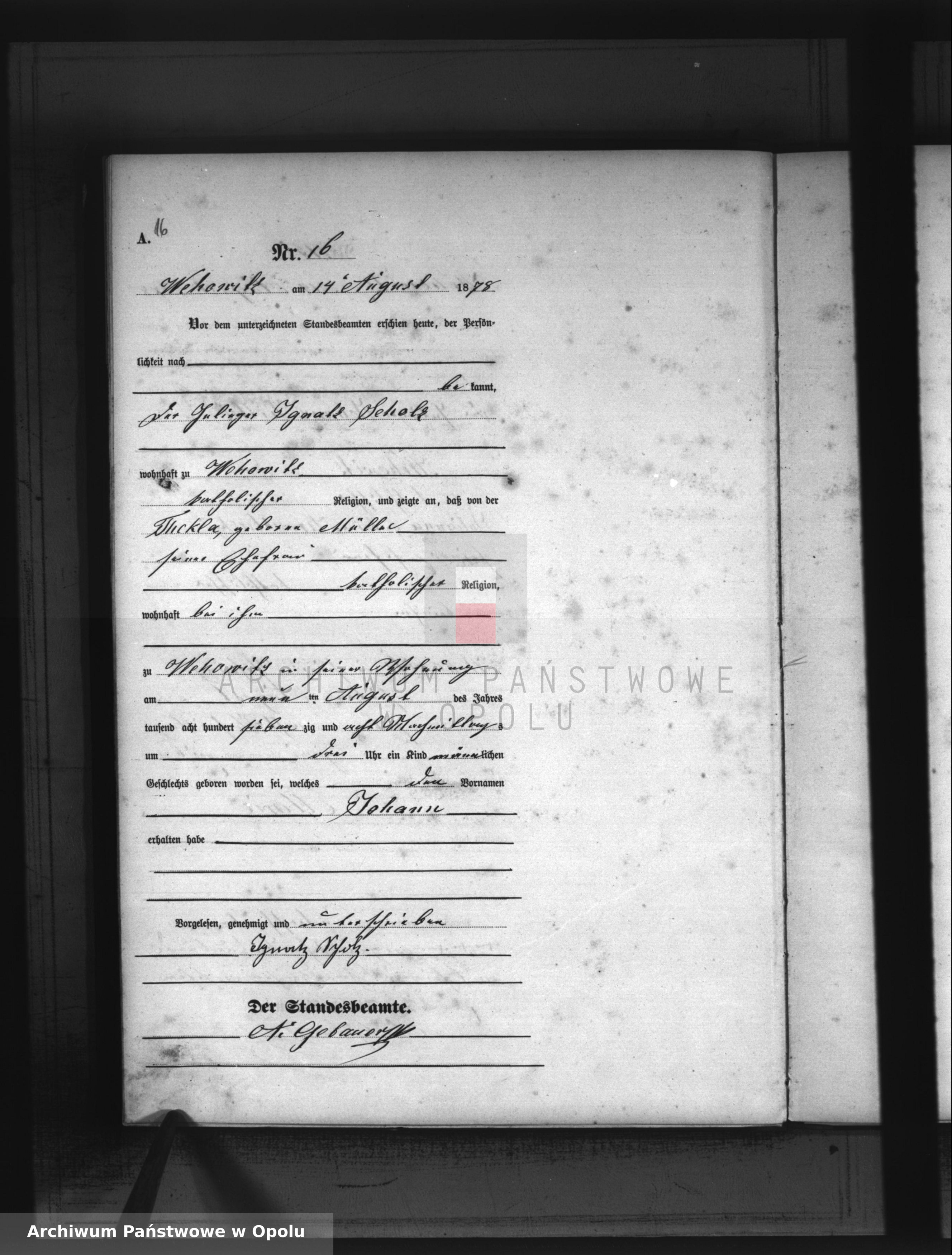 Skan z jednostki: Geburts-Haupt-Register Standesamts Wehowitz pro 1878