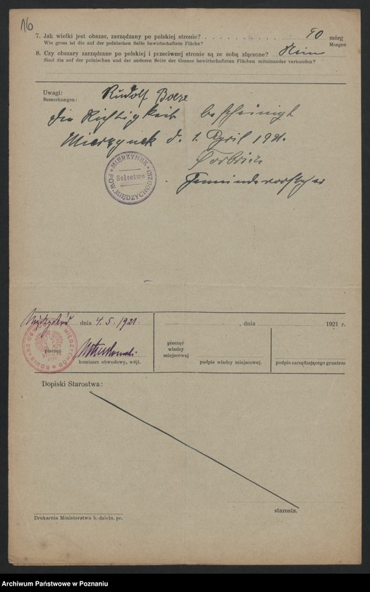 Obraz 14 z jednostki "[Kwestionariusze dotyczące stwierdzenia gruntów znajdujących się po niemieckiej stronie pogranicza a zarządzanych przez zamieszkałych po stronie polskiej] powiat Międzychód"