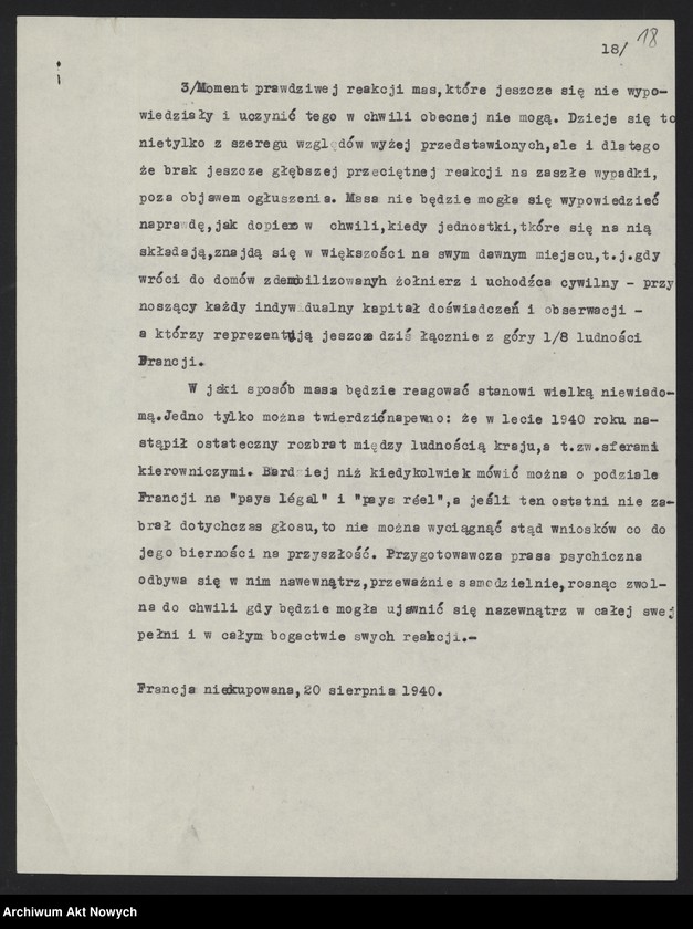 image.from.unit.number "Referat o sytuacji wewnętrznej we Francji po zawarciu zawieszenia broni z Niemcami (Autora nie ustalono, na pierwszej stronie napis - S. Elka)"