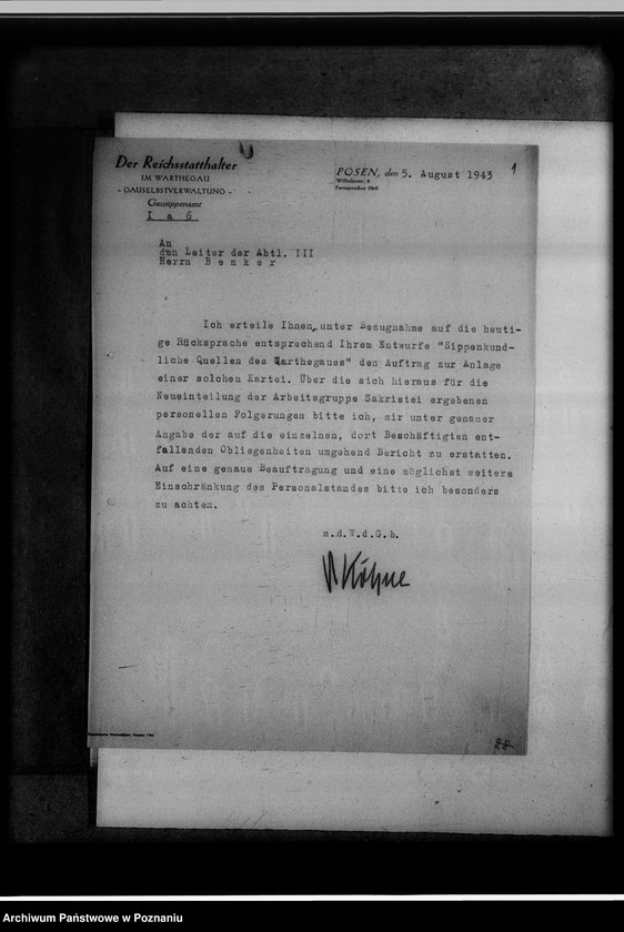 Obraz 5 z jednostki "[Źródła do badań genealogicznych, podział pracy w oddziale III Gausippenamt w Poznaniu]"