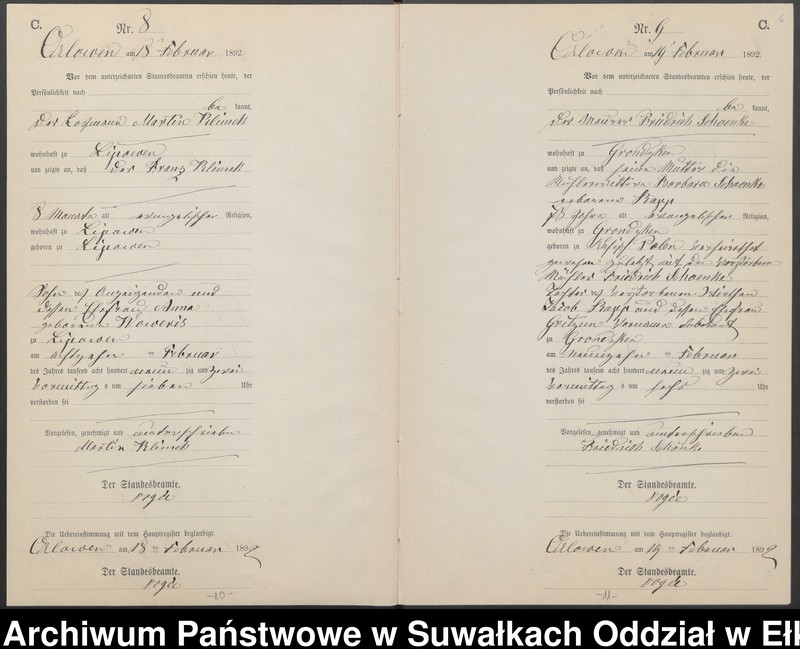 image.from.unit.number "Sterbe-Neben-Register des Preussischen Standes-Amtes Orlowen Kreis Loetzen für das Jahr 1892"