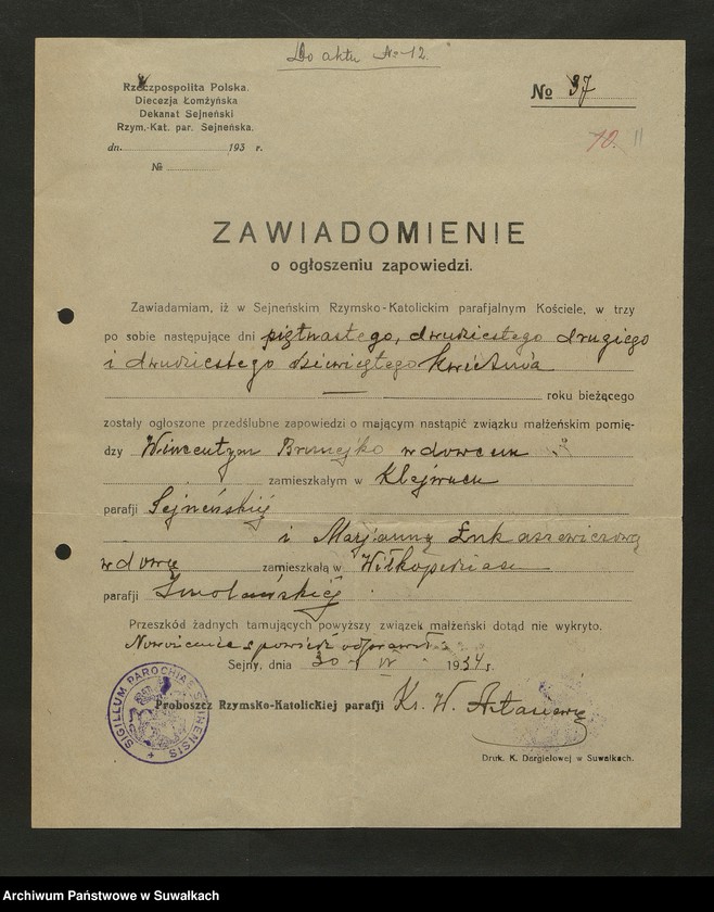 image.from.unit.number "Dokumenty do aktów zaślubionych Rzymsko Katolickiej parafji Smolanskiej za rok 1934"