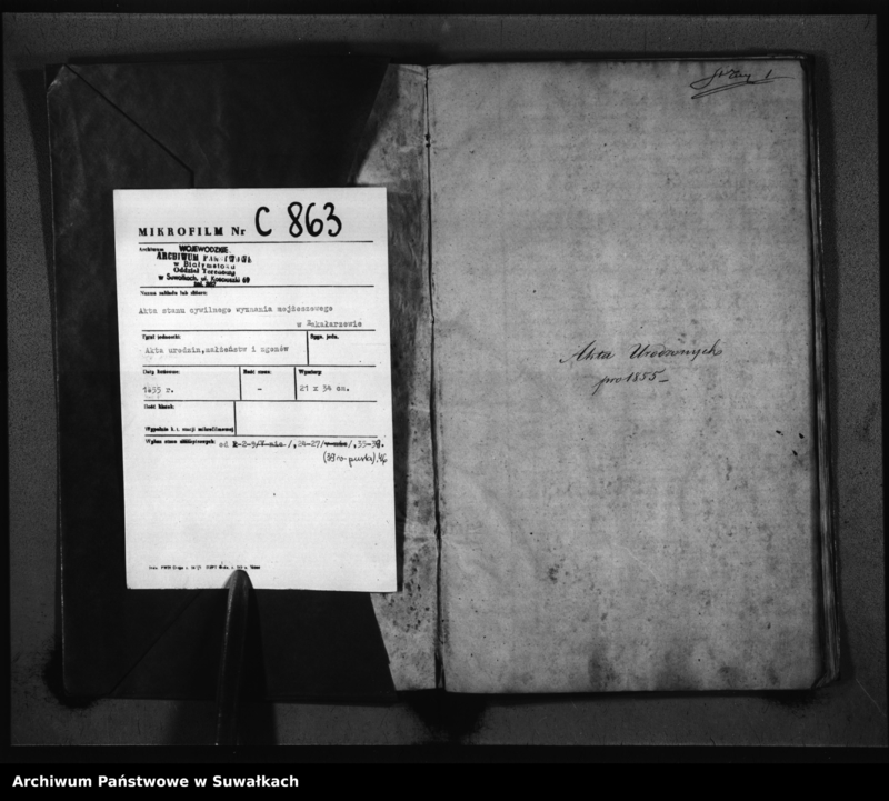 image.from.unit.number "Duplikat Akt Urodzonych, Zaślubionych i Umarłych Urzędnika Stanu Cywilnego Wyznania Mojżeszowego Okręgu Bakałarzewskiego za rok 1855"