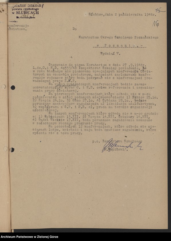 image.from.unit.number "Plany i sprawozdania roczne z pracy Kulturalno-Oświatowej, inspektorów szkolnych w Słubicach, Świebodzinie i Strzelcach Krajeńskich w zakresie oświaty dorosłych"