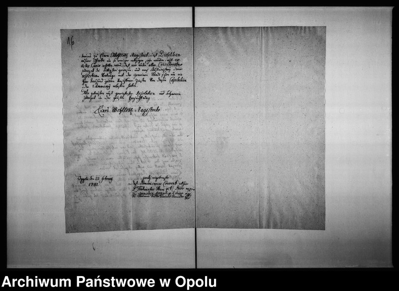 Obraz 16 z jednostki "Acta adhibenda zu denen Rathhäuslichen Actis von Stadt Schulden wegen dem von der Königl: p Cammer zu Breslau aus der Haupt-Armen-Hauss-Casse erhaltenen Darlehn von 5000 rthl. gegen 5 pro Cent Interesse wovon ein gleichmässiges Capital, so bisher zu 6 pro cent verinteressiret werden müssen abgestossen werden soll: Vid: Acta von Bezahlung der Stadt-Schulden: item: Acta wegen Befriedigung der Charlotte Jeltschin"