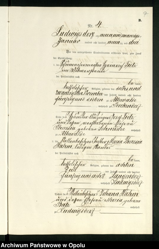 Obraz 11 z jednostki "Heiraths-Neben-Register des Standesamts Ludwigsdorf pro 1893"
