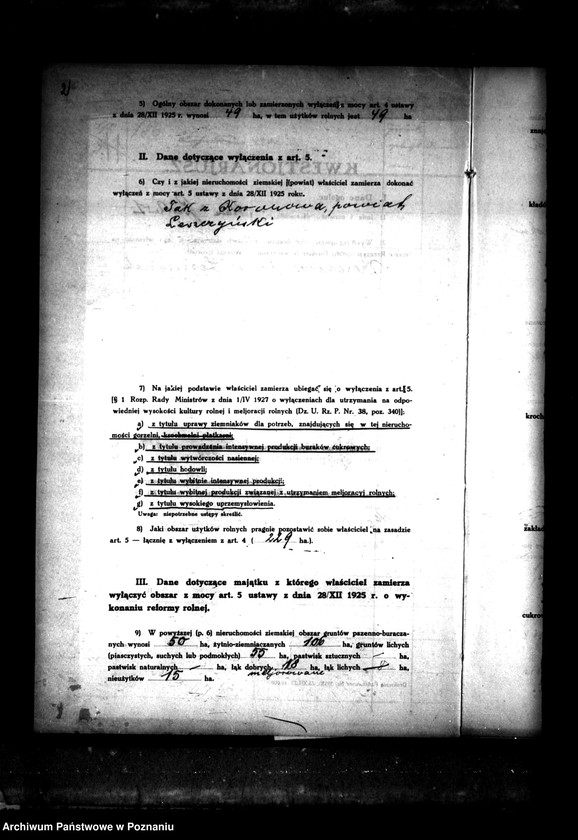 Obraz 6 z jednostki "Majątek Koronowo powiatu leszczyńskiego wyłączenie z art. 4/5 ustawy o reformie rolnej Franciszek Speichert"