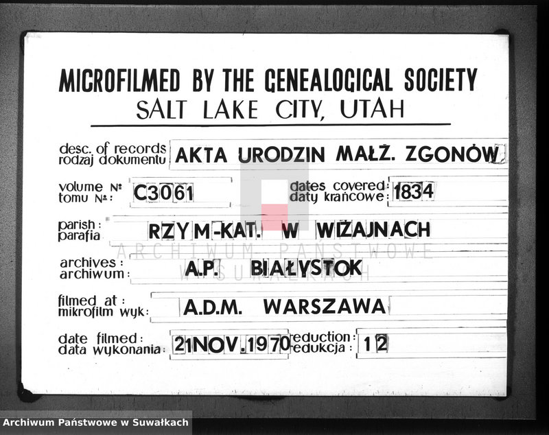 image.from.unit.number "Duplikat parafii wiżayńskiey urodzonych, zaślubionych i umarłych 1834 roku"