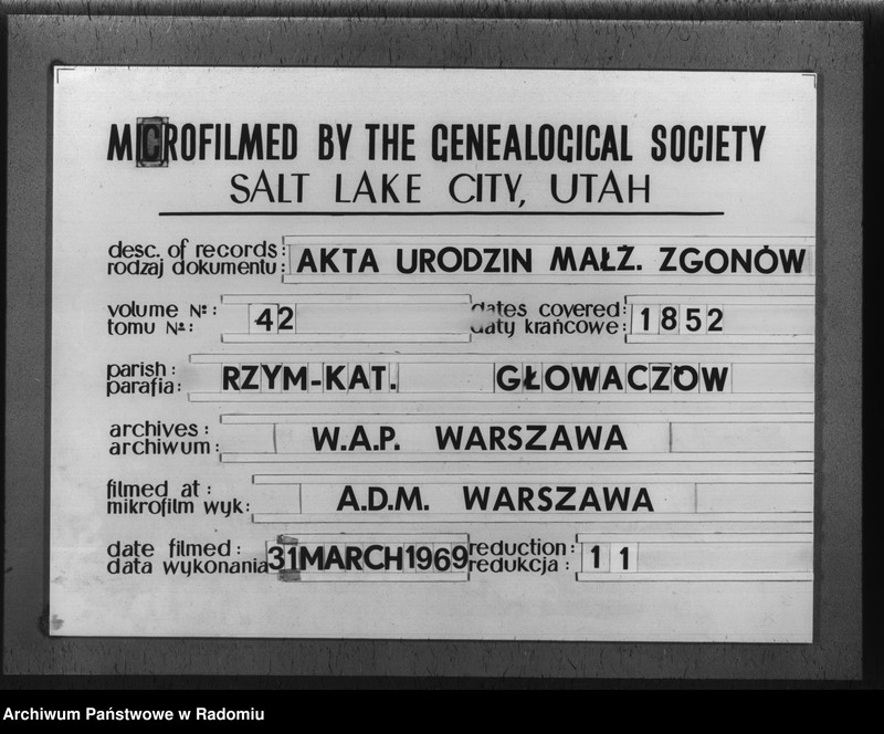 image.from.unit.number "Duplikat akt urodzonych, zaślubionych i zmarłych z parafii Głowaczów w roku 1852"