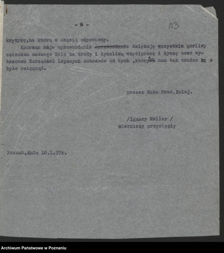 Obraz 18 z jednostki "Koło Pracowników Kolejowych w Poznaniu - sprawozdania i protokoły zebrań."