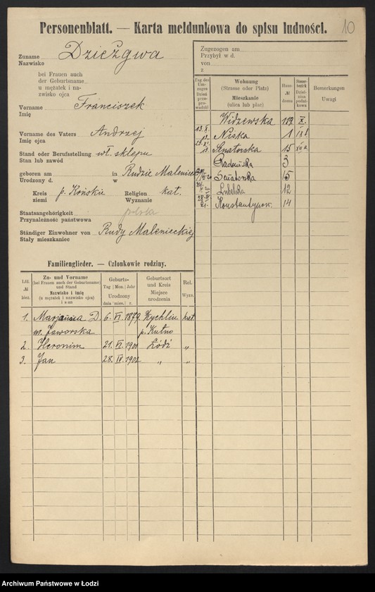 Obraz 12 z jednostki "[Spis ludności Łodzi] Dziewolecki - Dzwonkowski"