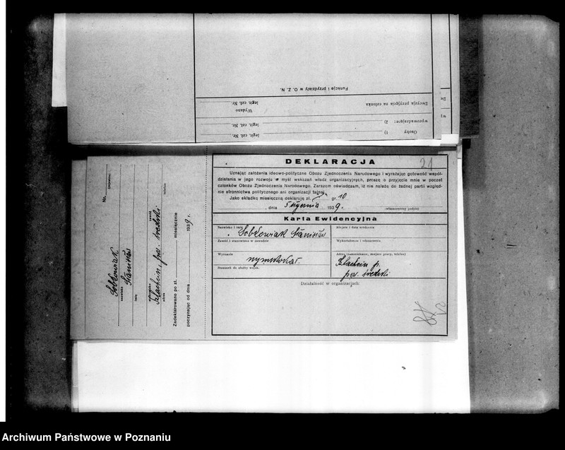 Obraz 20 z jednostki "Korespondencja w sprawach organizacyjno-personalnych Obozu Zjednoczenia Narodowego - podanie w sprawie poparcia, opinii, zaproszenia i powiadomienia o zebraniach, deklaracje"