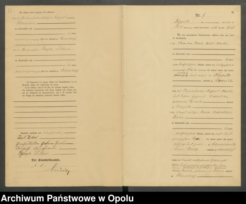 Obraz 9 z jednostki "Heiraths-Haupt-Register Standesamts Koppitz pro 1885"