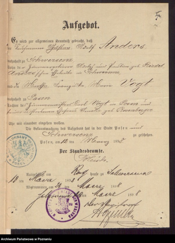 Obraz 7 z jednostki "Die von den Verlobten beigebrachten Urkunden zur Eheschliessung pro 1898"