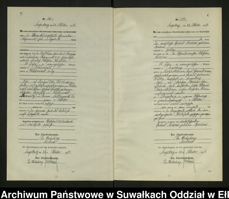 image.from.unit.number "C2. Sterbe - Register (Neben - Register) Standesamt Angerburg einschl. der Bezirke Gross Strengeln, Kehlen und Prinowen No 189 bis 272"