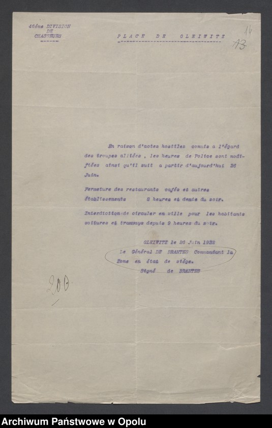 Obraz 17 z jednostki "Etat de Siege-Generalites-Notes de Principe-Renseignements-Organisations de Combat /Koerspondencja i zarządzenia dotyczące stanu wyjątkowego/Raporty dzienne o sytuacji wojskowej, incydenty, obwieszczenia/ 2.06.-1.07.1922"