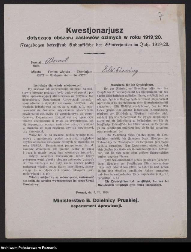 Obraz 9 z jednostki "[Kwestionariusz dotyczący zasiewów ozimych w roku 1919/1920 w powiecie babimojskim]"