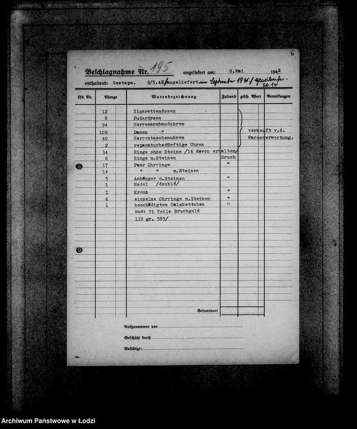 Obraz 10 z jednostki "Gestapo 1-200 [Kartoteka skonfiskowanego majątku ruchomego u Żydów]"