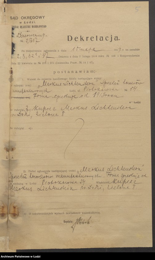 Obraz 7 z jednostki "Markus Lichtenstein- sprzedaż towarów manufakturowych"