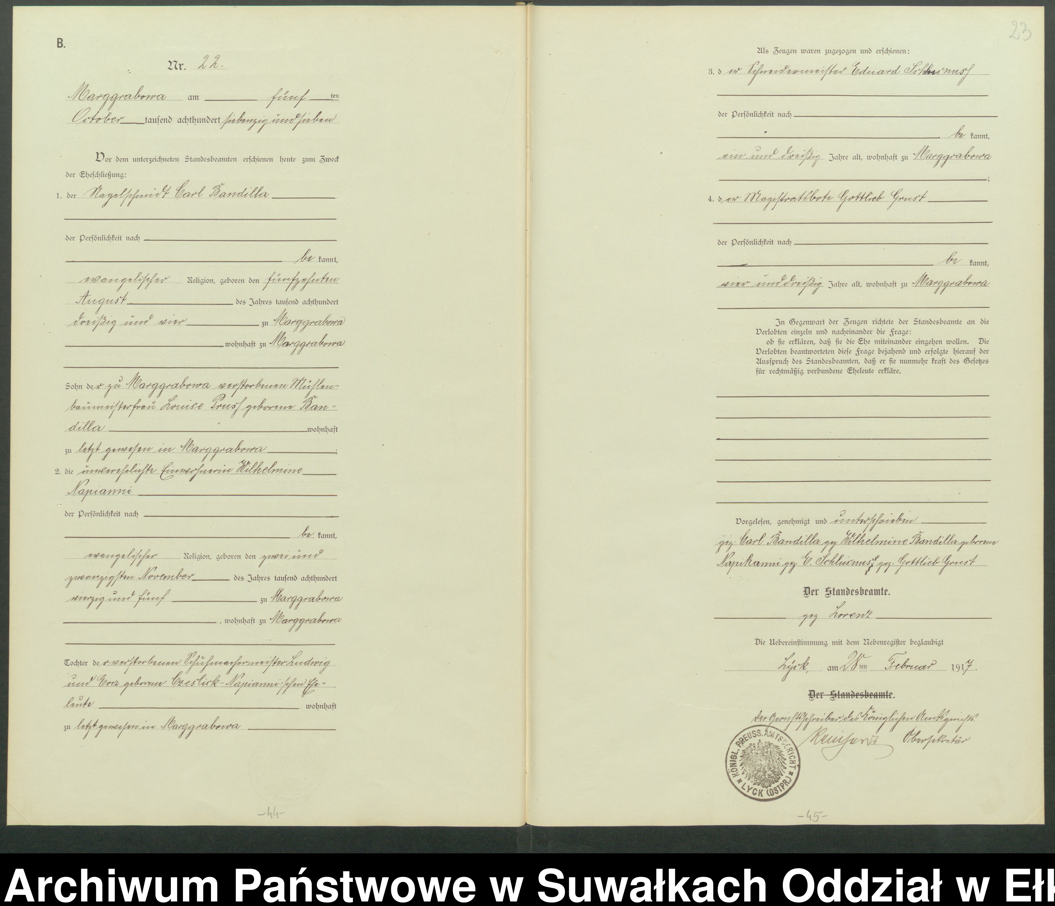 Skan z jednostki: Heiraths-Haupt-Register des Standesamtes Stadtgemeinde Marggrabowa Kreis Oletzko