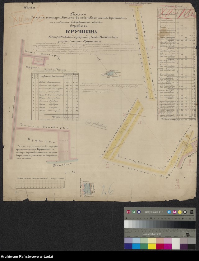 Obraz 1 z jednostki "Plan˝ zemel´ postupivšich˝ v sobstvennost˝ krest˝jan na osnovanii dobrovolnoi sdelki derevni Krušina, novoradomskago uezda gminy Krušina"